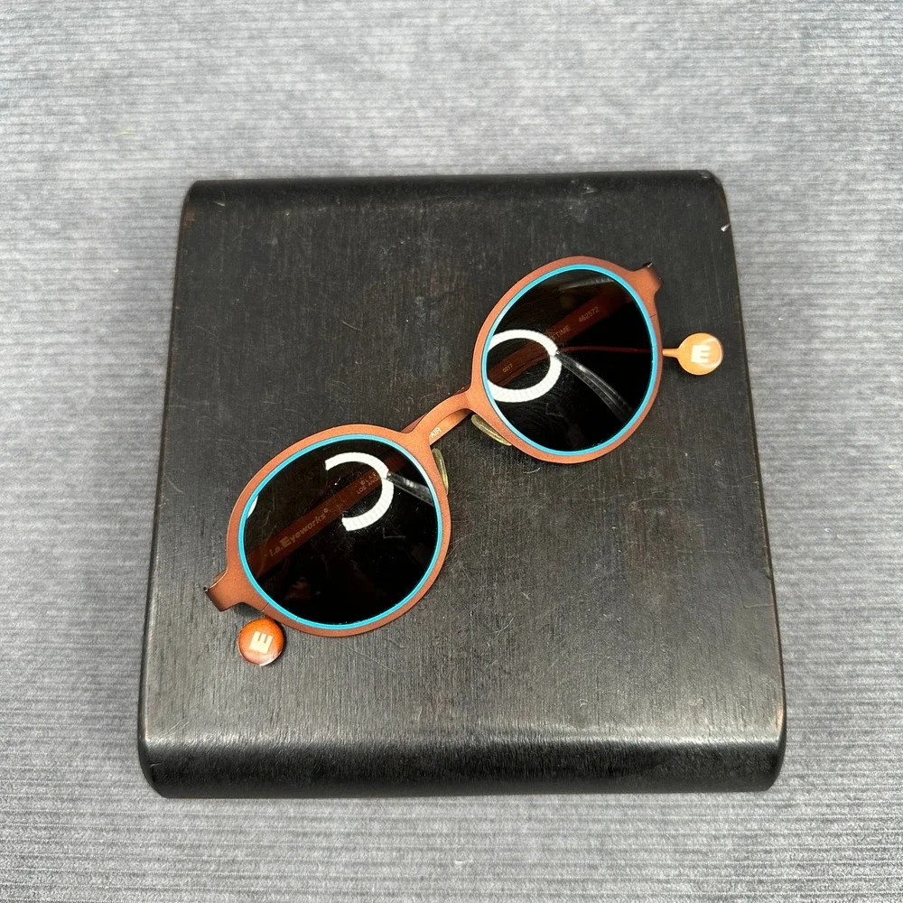 LA Eyeworks Big Time Round Sunglasses Brown Turquoise Blue Metal Made in Japan